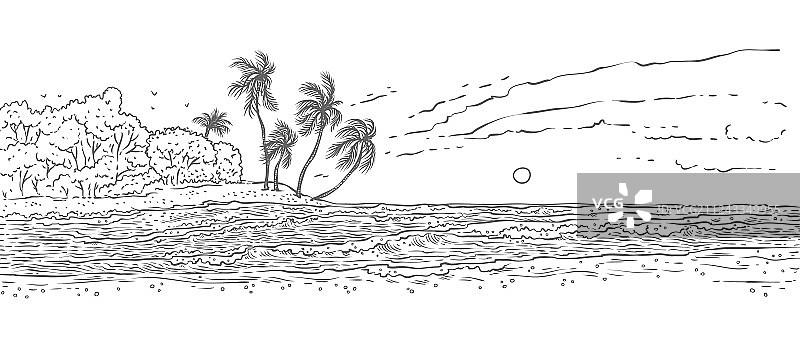 多沙的热带岛屿，有棕榈树和海浪图片素材