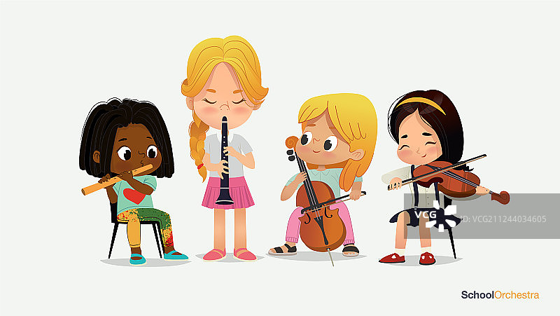 儿童女孩管弦乐队演奏不同的音乐图片素材