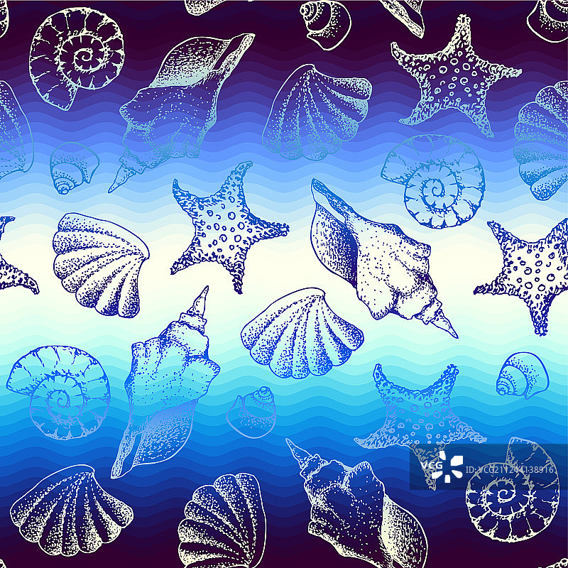 蓝色波浪图案和手绘在海洋风格图片素材