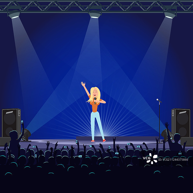 女孩拿着麦克风在蓝色的舞台上唱歌图片素材