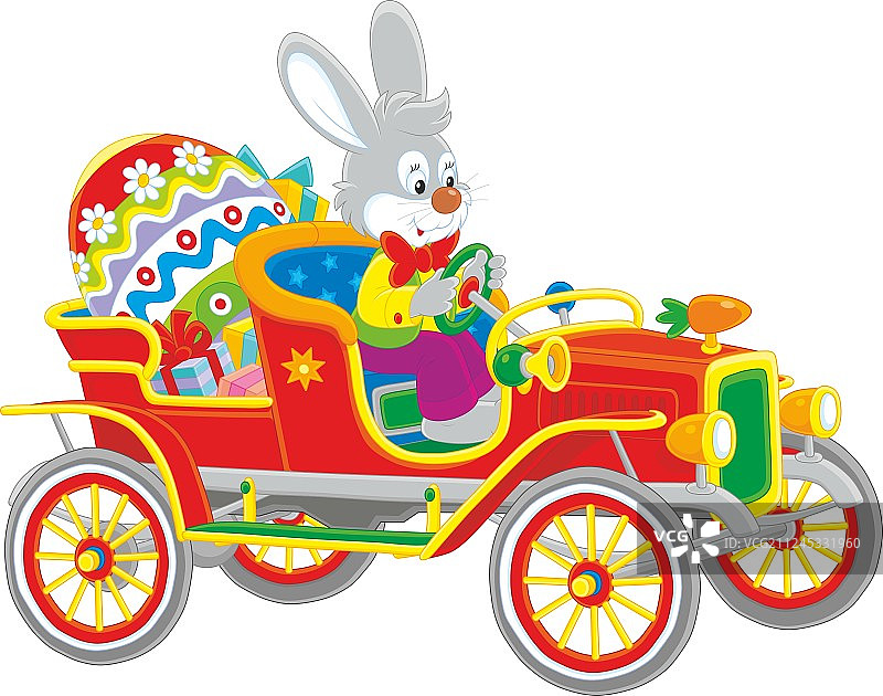 复活节兔子在它的复古车里图片素材