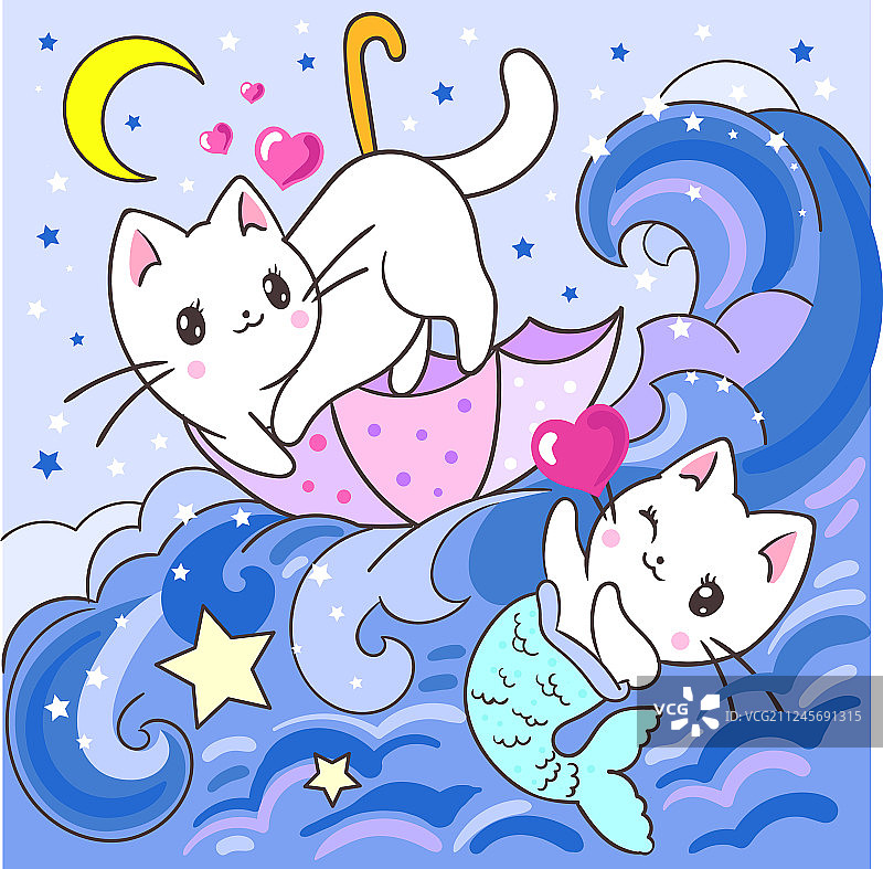 可爱的白色小猫和美人鱼小猫图片素材