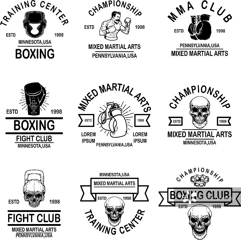 设置mma和拳击俱乐部标志的设计元素图片素材
