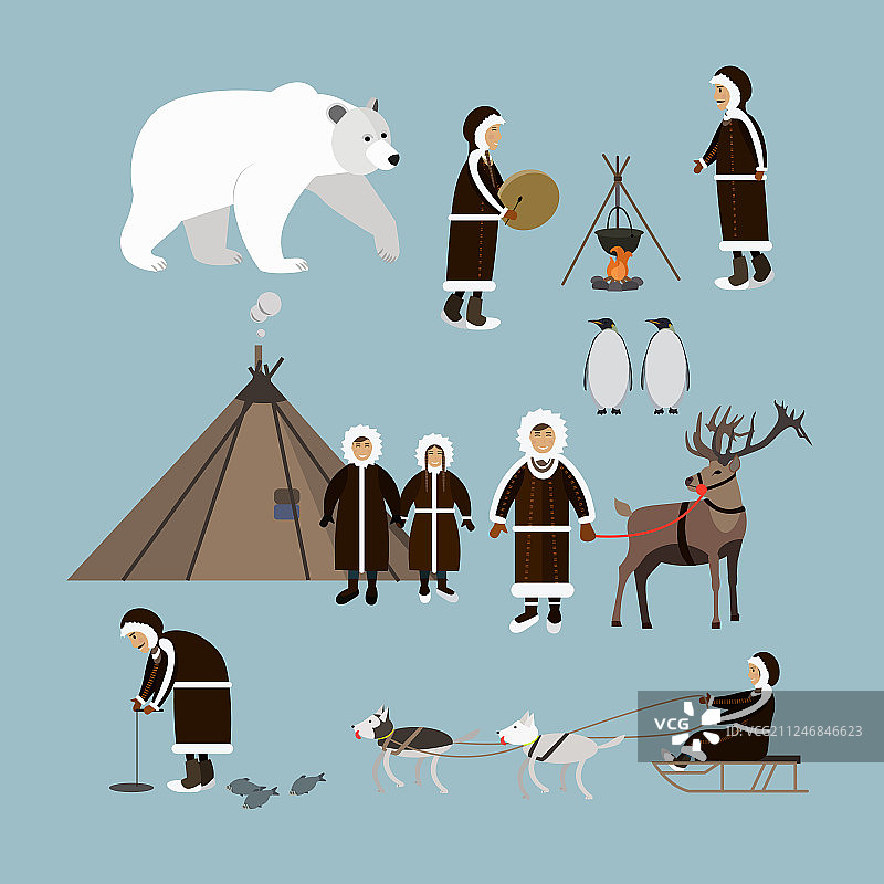 套北极人和动物的扁平风格图片素材