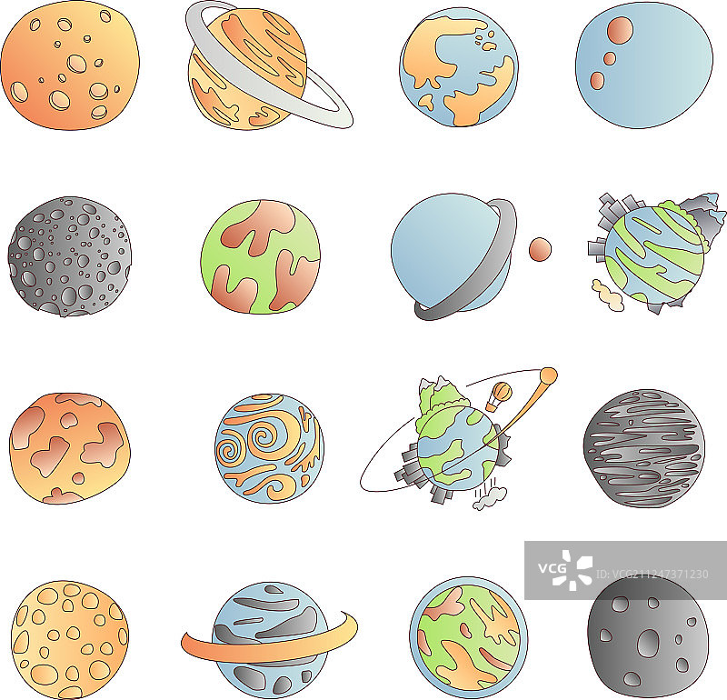 可爱的卡通天文行星图标设置卡通图片素材