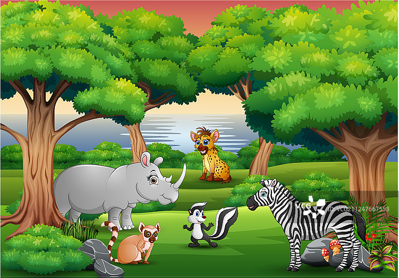 卡通野生动物享受在丛林图片素材