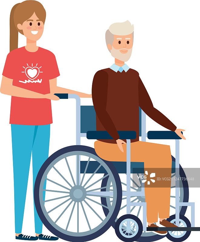 年轻人自愿和坐轮椅的老人在一起图片素材