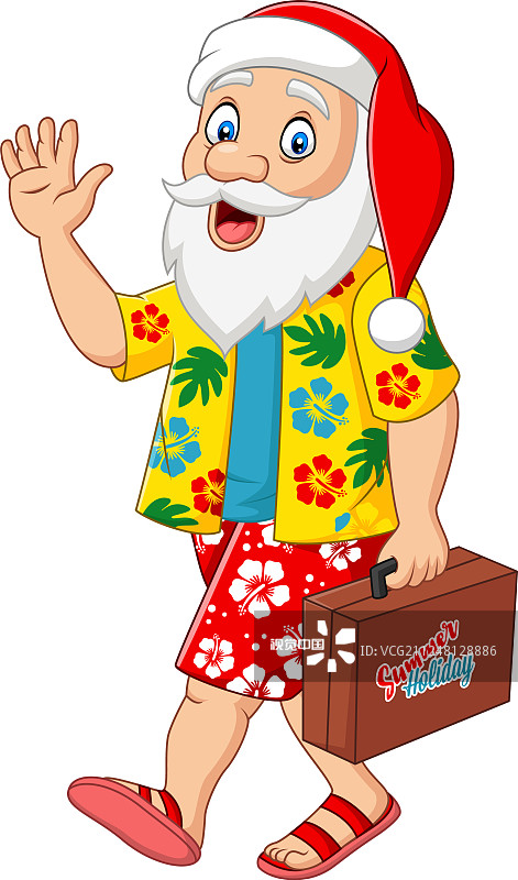 卡通圣诞老人带着一个手提箱度假图片素材