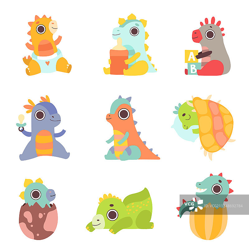 可爱的彩色小恐龙设置可爱的新生儿图片素材