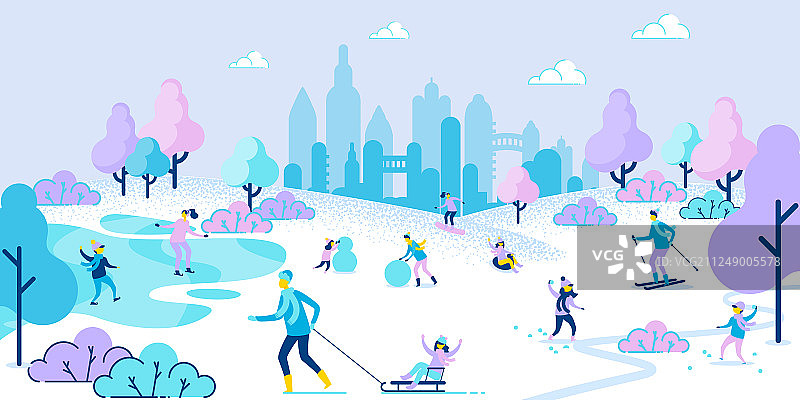 人们在冬季公园滑雪、滑冰、拉雪橇图片素材