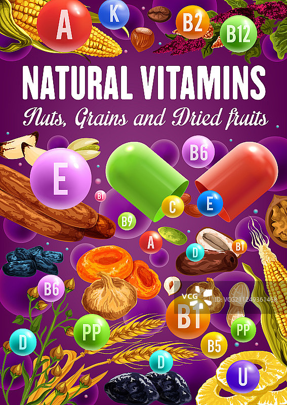 维生素在干果，谷类，坚果保健食品图片素材