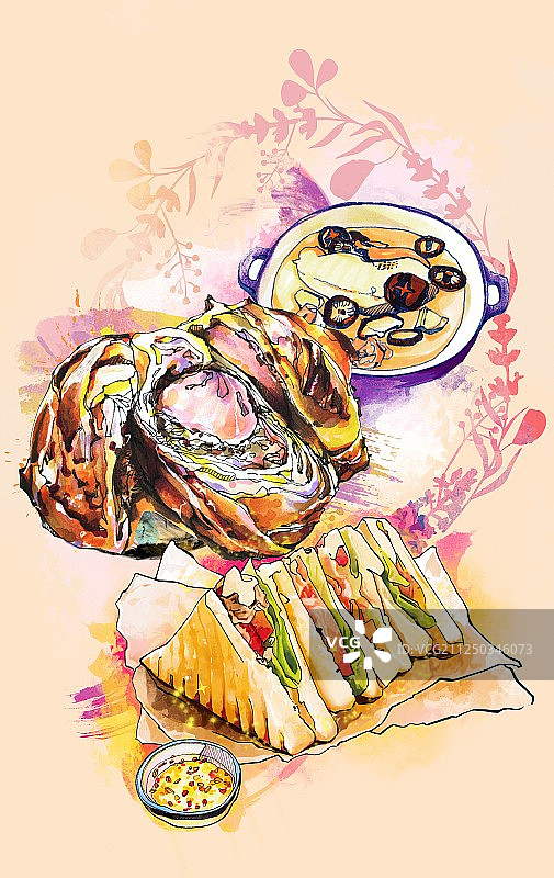 美食手绘插画 西多士 三明治 餐饮海报 背景图 竖屏图片素材