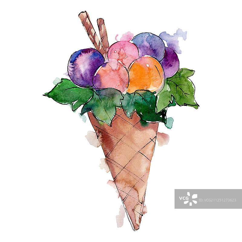 美味的蛋卷冰淇淋在水彩风格孤立。水彩画甜的甜点。背景说明。图片素材