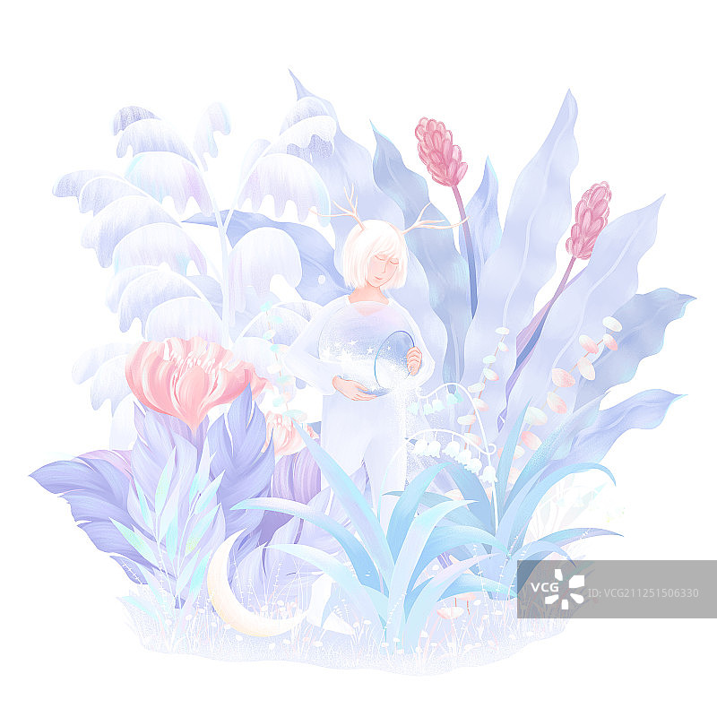 花丛中抱着玻璃球浇花的白发鹿角少年梦幻手绘插画图片素材