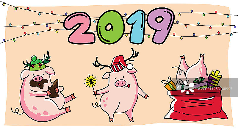 可爱的三只粉红猪新年2019图片素材