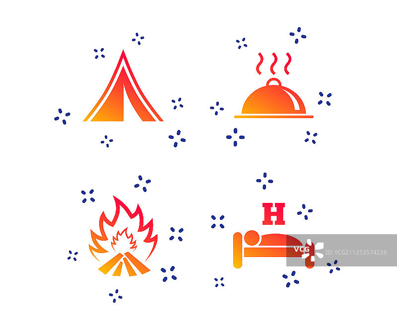 热的食物，睡觉，露营帐篷和火的标志图片素材