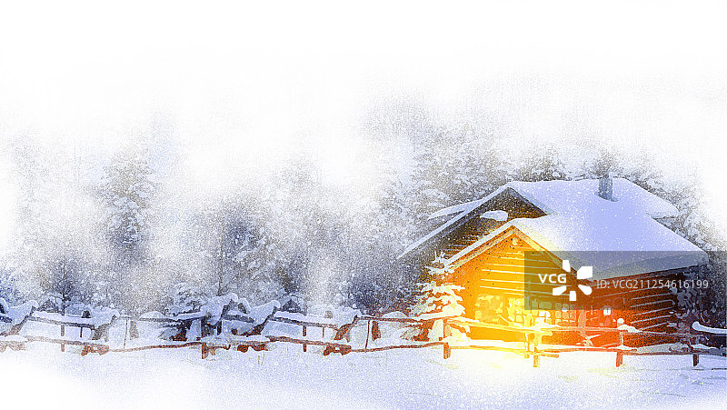大雪纷飞小木屋景观插画图片素材