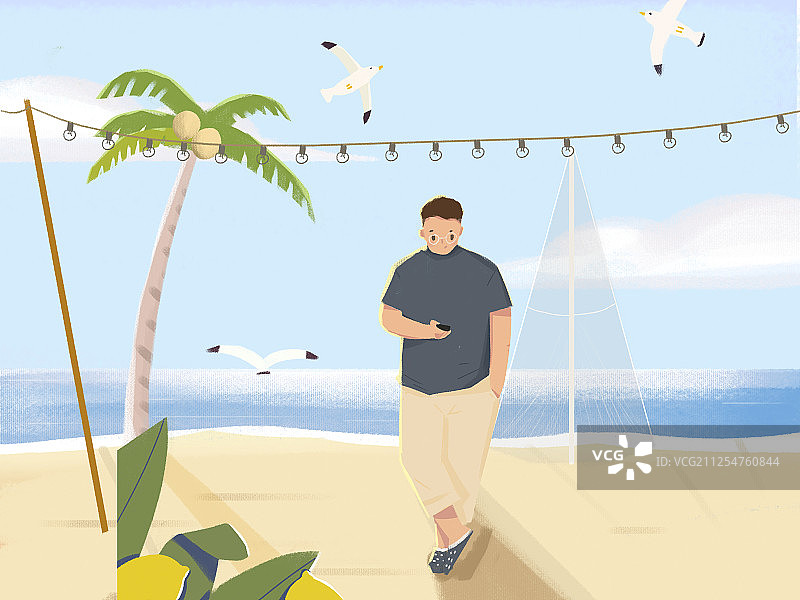插画海边沙滩海鸥男孩玩手机旅行温暖治愈手绘图片素材
