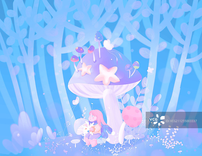 梦幻森林中坐在蘑菇下的粉色长发女孩儿幻想手绘插画图片素材