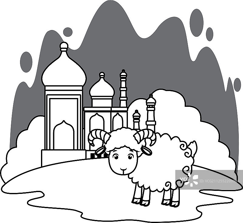 泰姬陵和山羊的卡通风景在黑色和图片素材