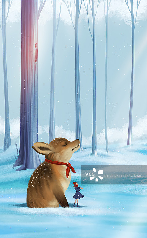 女孩和狐狸在下雪的森林里玩耍治愈系插画 数码绘画 竖版图片素材