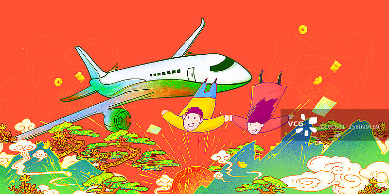 国潮风格插画过年春运乘坐飞机回家图片素材