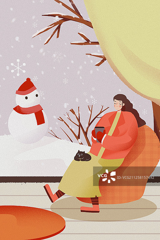 卡通手绘小雪节气冬天女孩室内喝茶插画图片素材