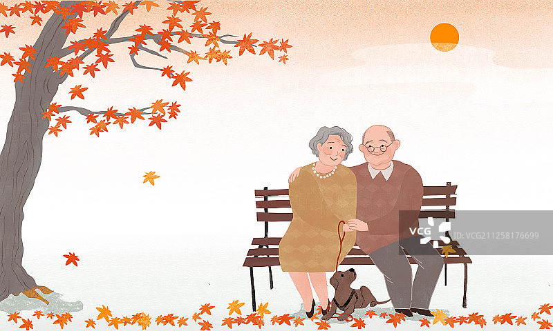 枫树下幸福的老年夫妻图片素材