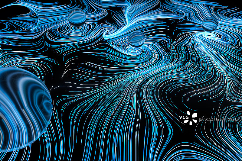蓝色发光的回转的漩涡线条 三维渲染图片素材