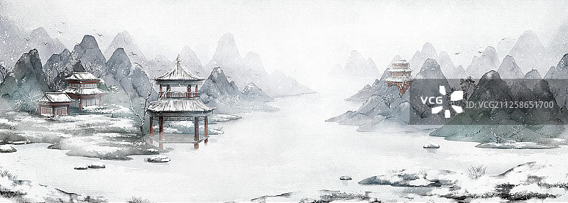 中国风古风建筑风景插画冬天大场景雪景图图片素材