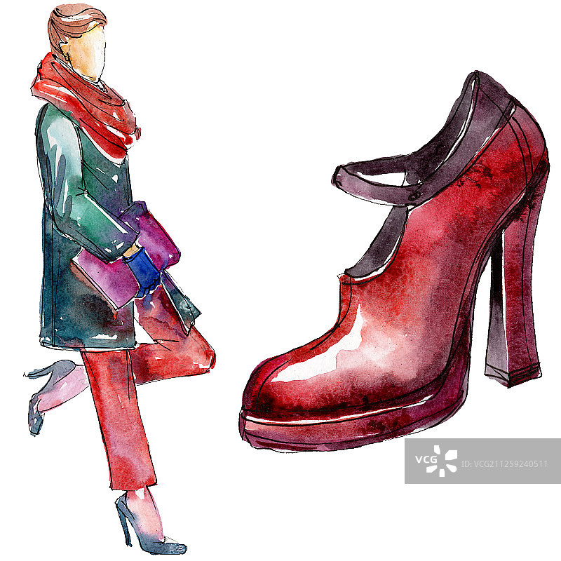 女人和鞋子素描魅力插画在水彩风格孤立的元素。水彩背景设置。图片素材