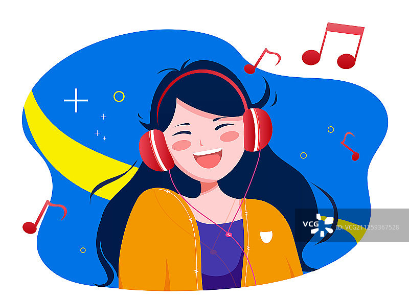 开心的带着耳机听音乐的女孩  戴着耳机唱歌的人矢量插画图片素材