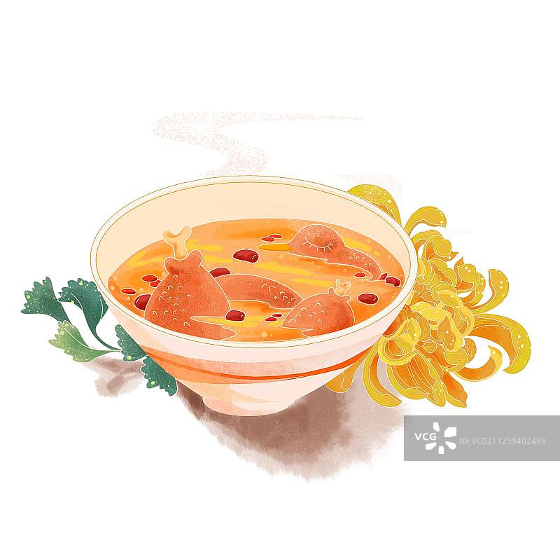 冬日滋补老鸭汤和红柿子插画图片素材