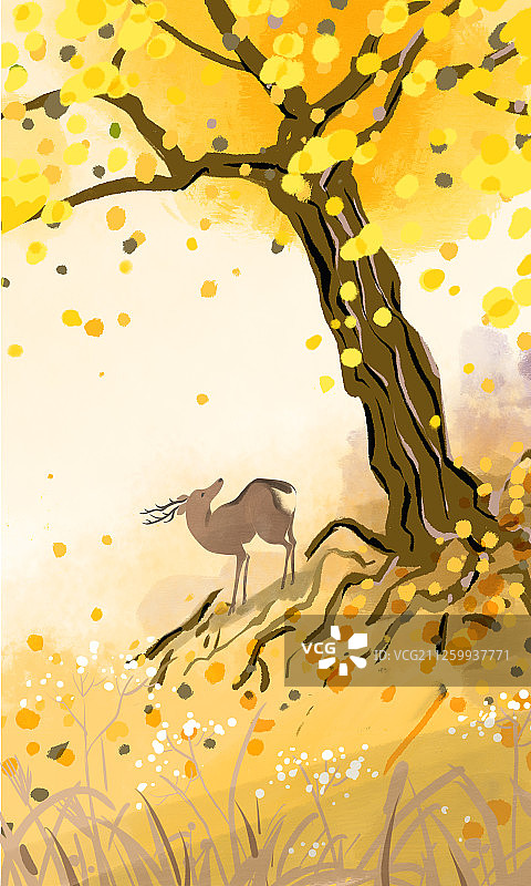 秋天银杏树下的小鹿插图手绘图片素材