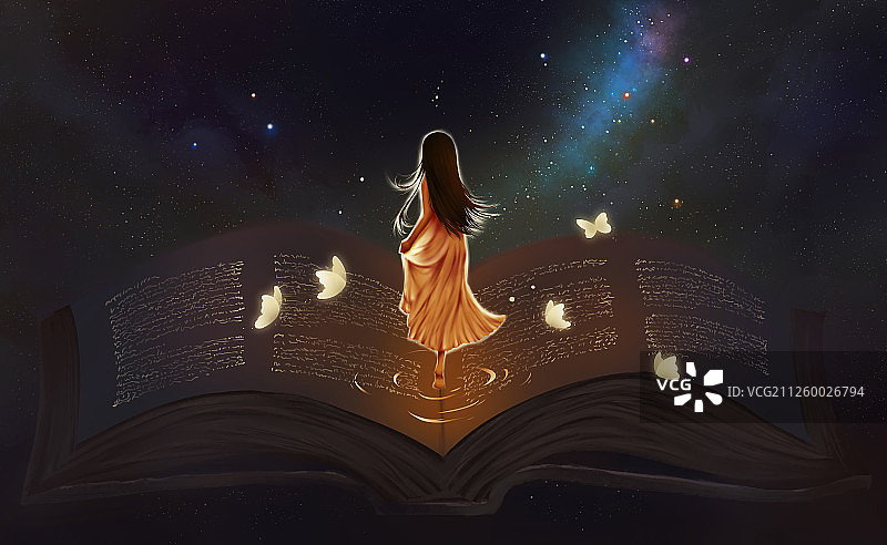 发光的少女赤脚走在翻开的书页上周围有发光的蝴蝶 古老的书籍图片素材