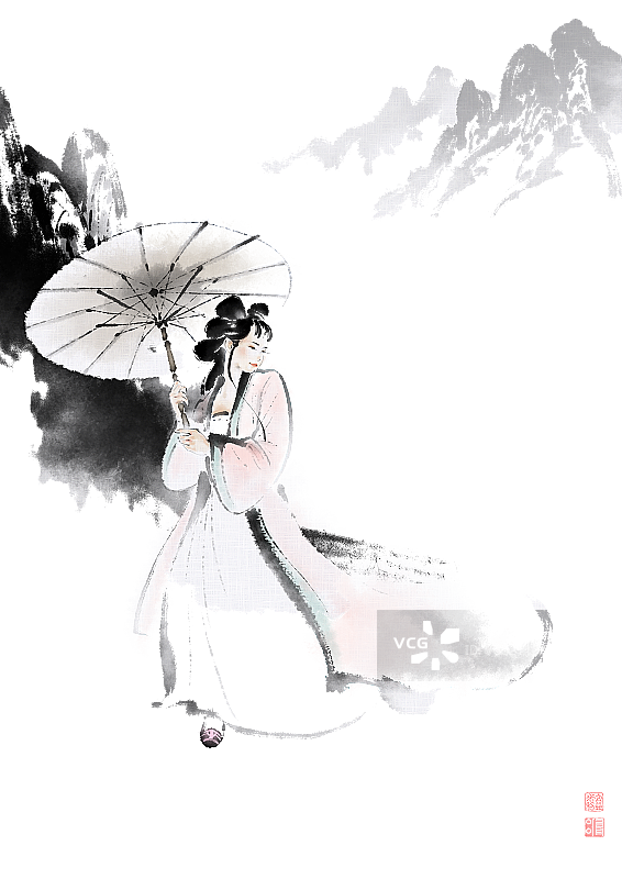 穿着中国传统服装，打着伞的妇女图片素材
