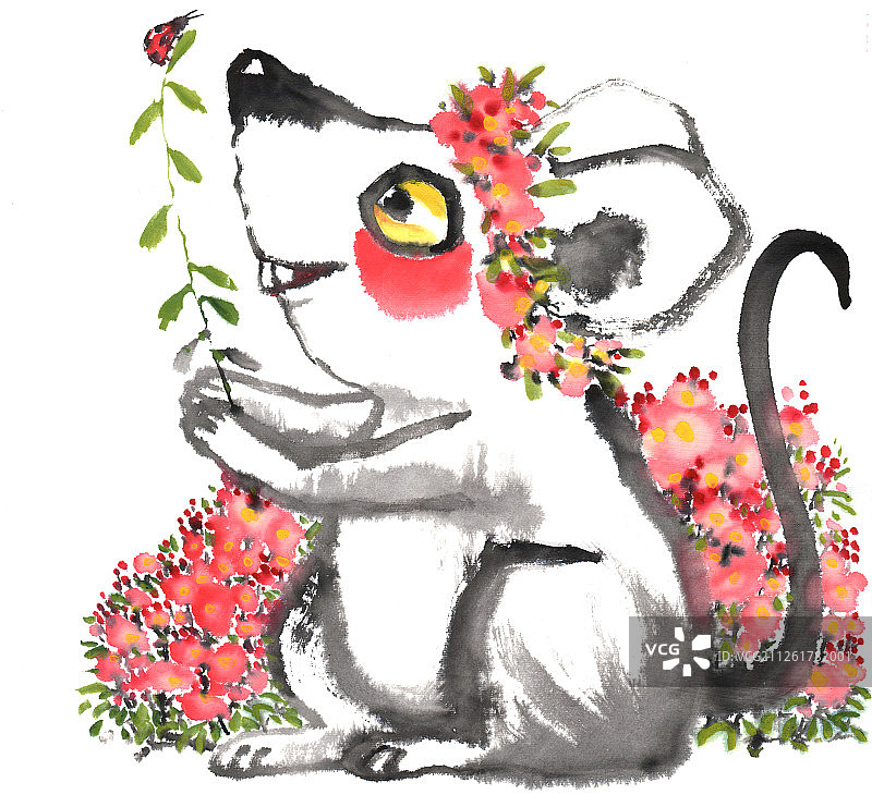 国画水墨插画-带着花环的可爱老鼠图片素材