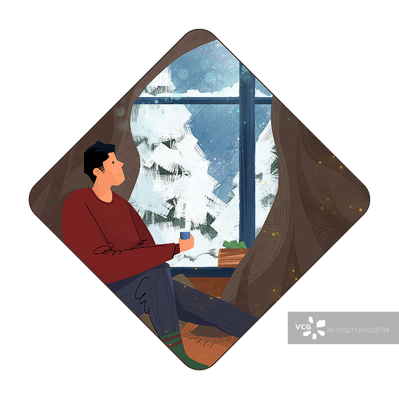 寒冷冬天男青年坐在在窗前看温馨雪景的插画图片素材