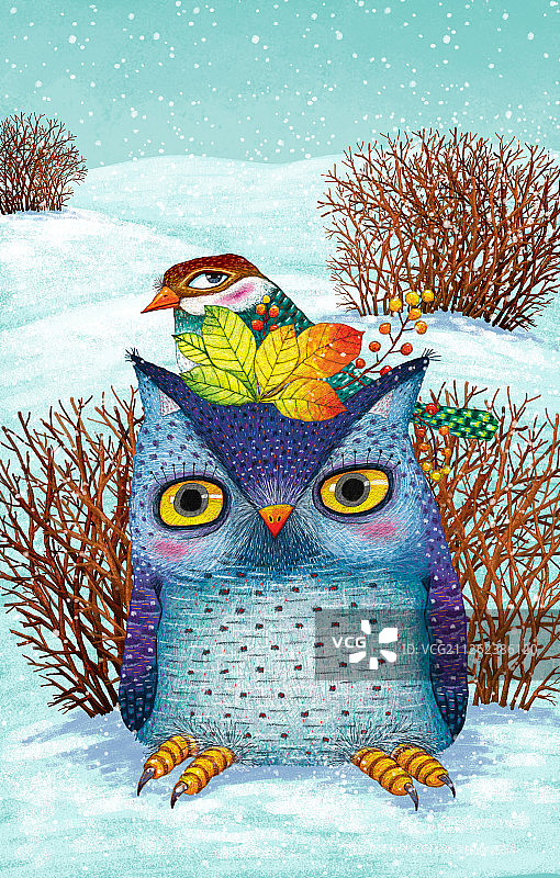 儿童动物插画-站在雪地上的猫头鹰图片素材