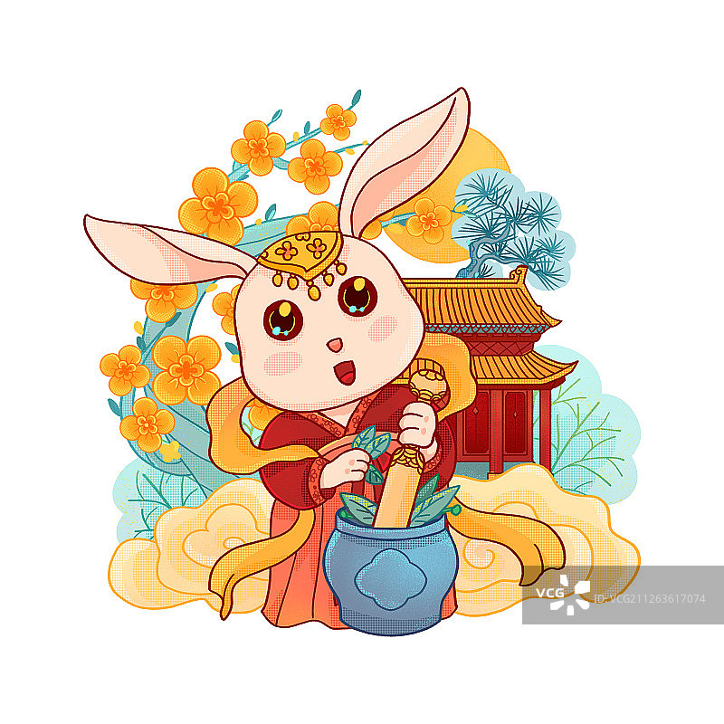 中国传统民俗十二生肖兔仙在月宫捣药创意国风手绘插画1图片素材