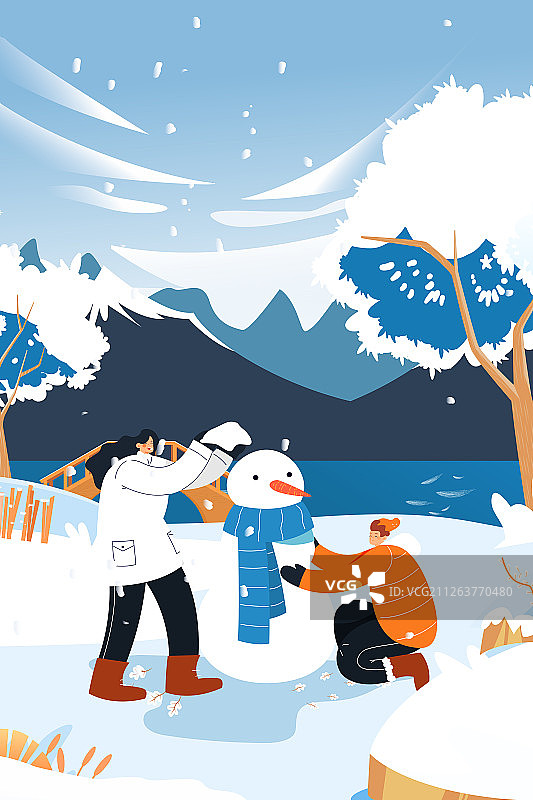 卡通大雪小雪冬季堆雪人背景矢量插画图片素材