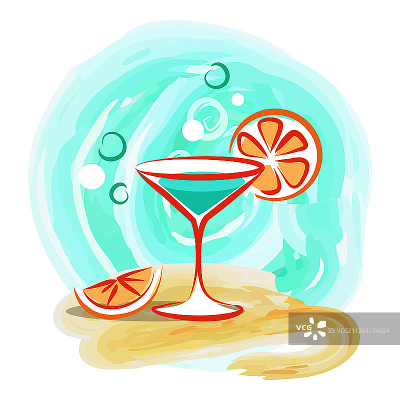 清新的鸡尾酒与切片的橙色沙滩背景矢量插图上的白色。为你解渴的美味饮料。清新鸡尾酒配海滩上的橙子片图片素材
