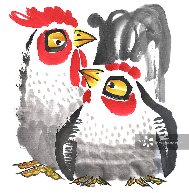中国画水墨动物插画-相亲相爱的两只鸡图片素材