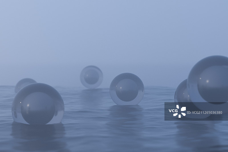 水面上漂浮的多个球体 三维渲染图片素材