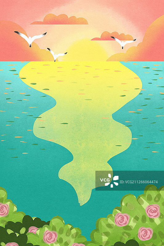 大自然夕阳下海边插画背景图片素材