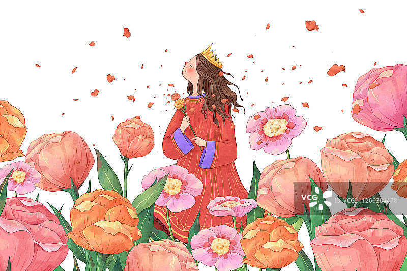清新花朵与女孩插画横版白底图片素材