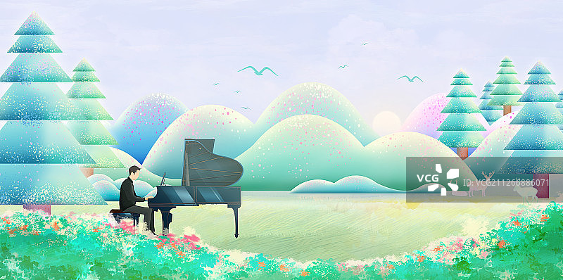 春天早晨太阳刚升起，一位音乐家在森林里弹钢琴插画背景图片素材
