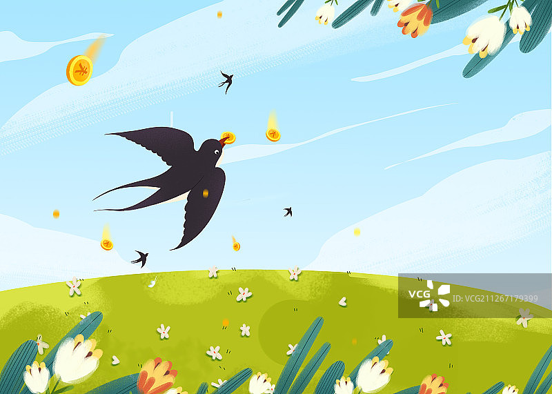 立春时节燕子携着金币在天空飞翔图片素材