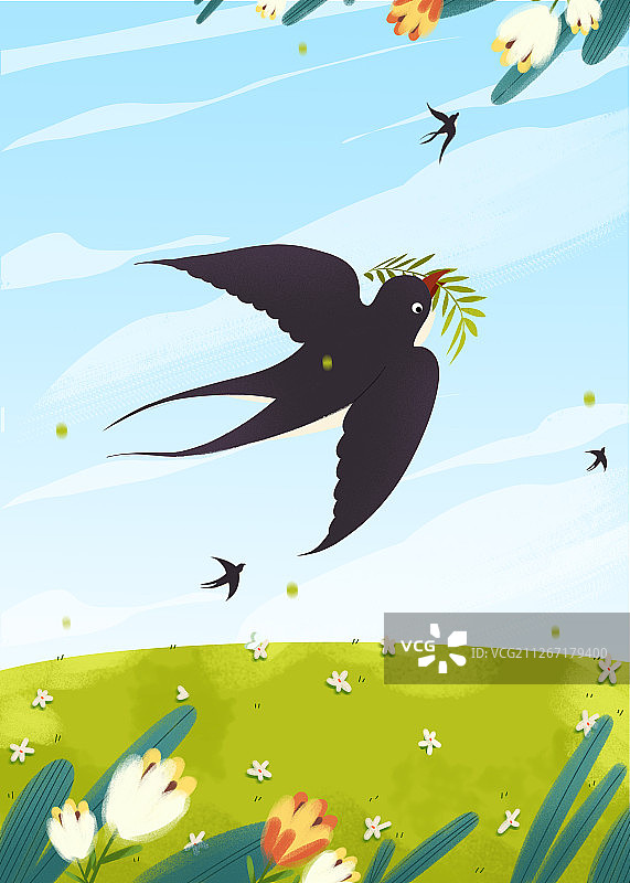立春时节燕子携着树枝在天空飞翔图片素材