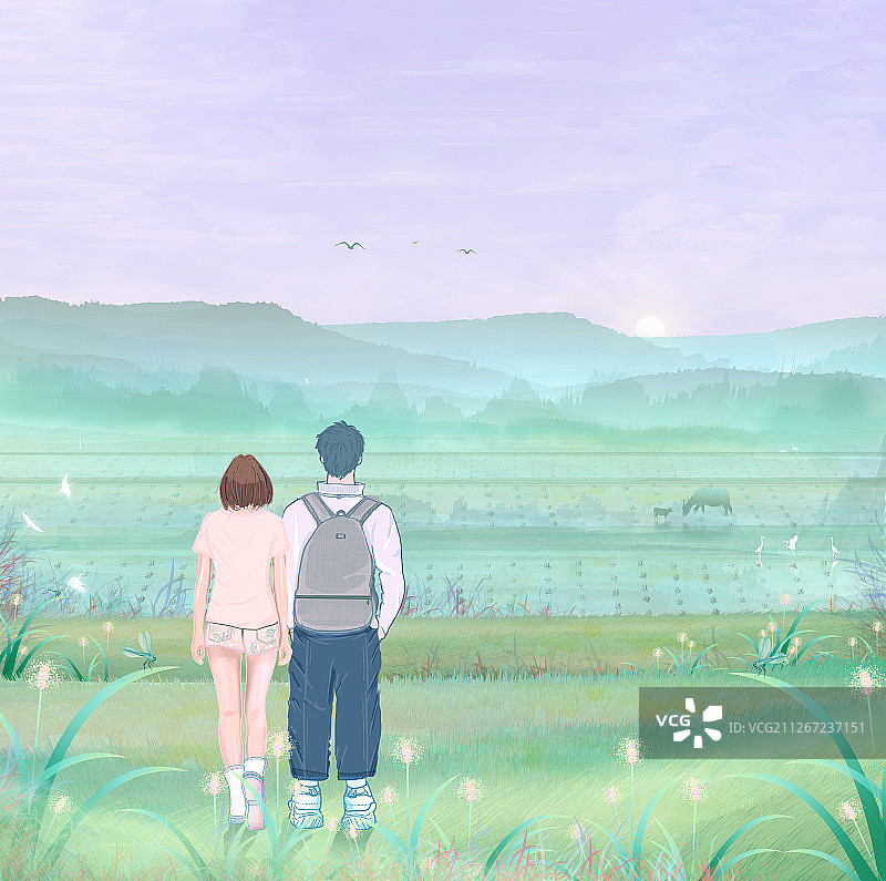 春天早晨阳光明媚，情侣牵手在乡村田野上看风景插画背景图片素材
